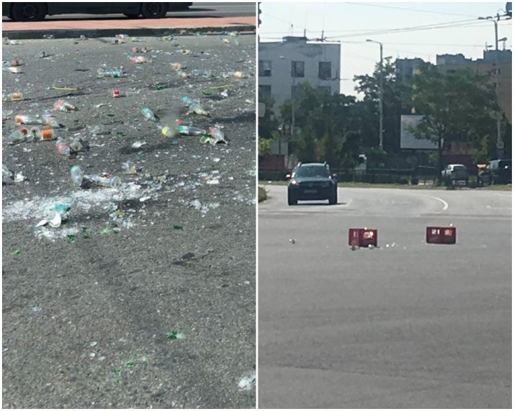 Строшени бутилки блокираха Цариградско шосе СНИМКИ