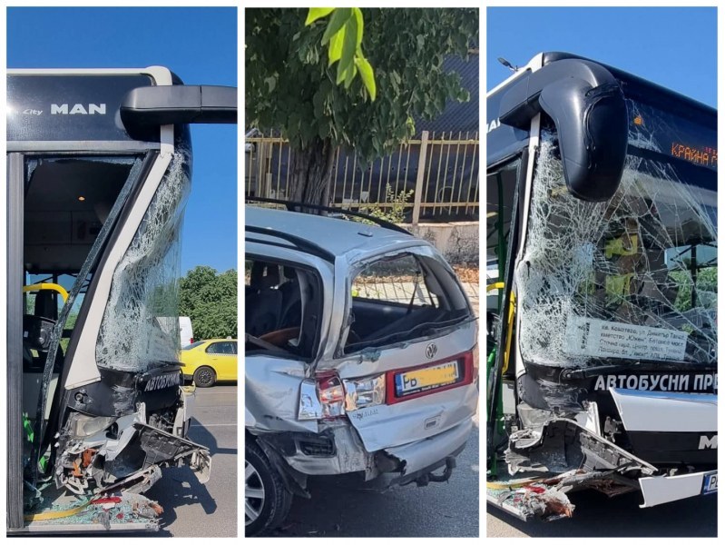 Автобус от градски траспорт се блъсна в кола, на шофьора му прилошало