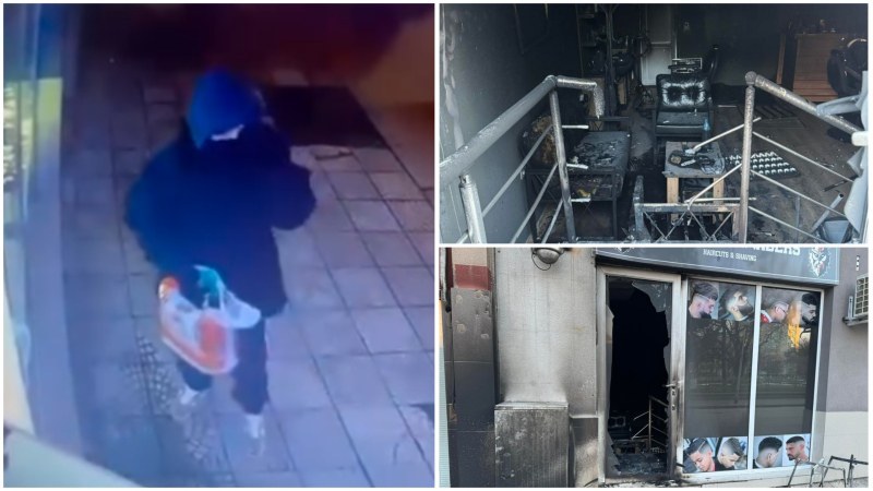 Камера запечата момента, в който мъж подпалва бръснарско студио в Смирненски