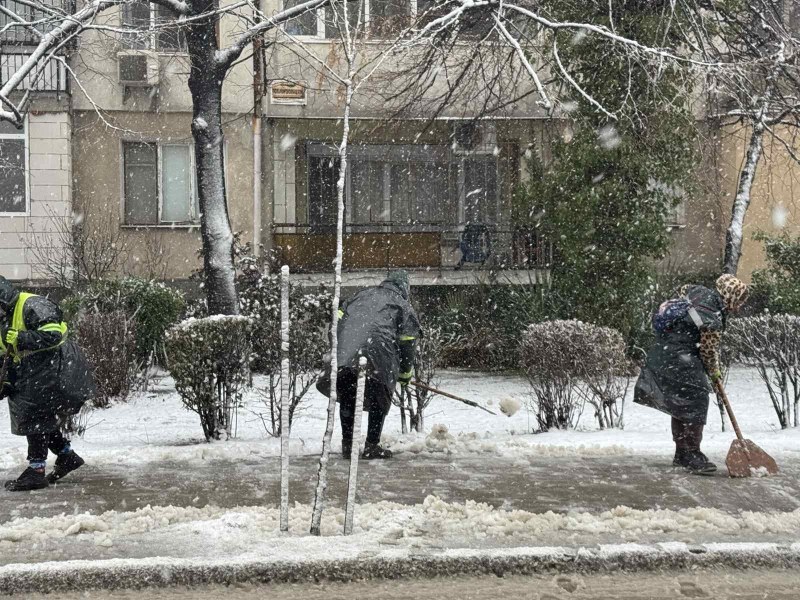 Снегорини влизат във вътрешнокварталните улици в Пловдив, чистят ръчно тротоари и алеи