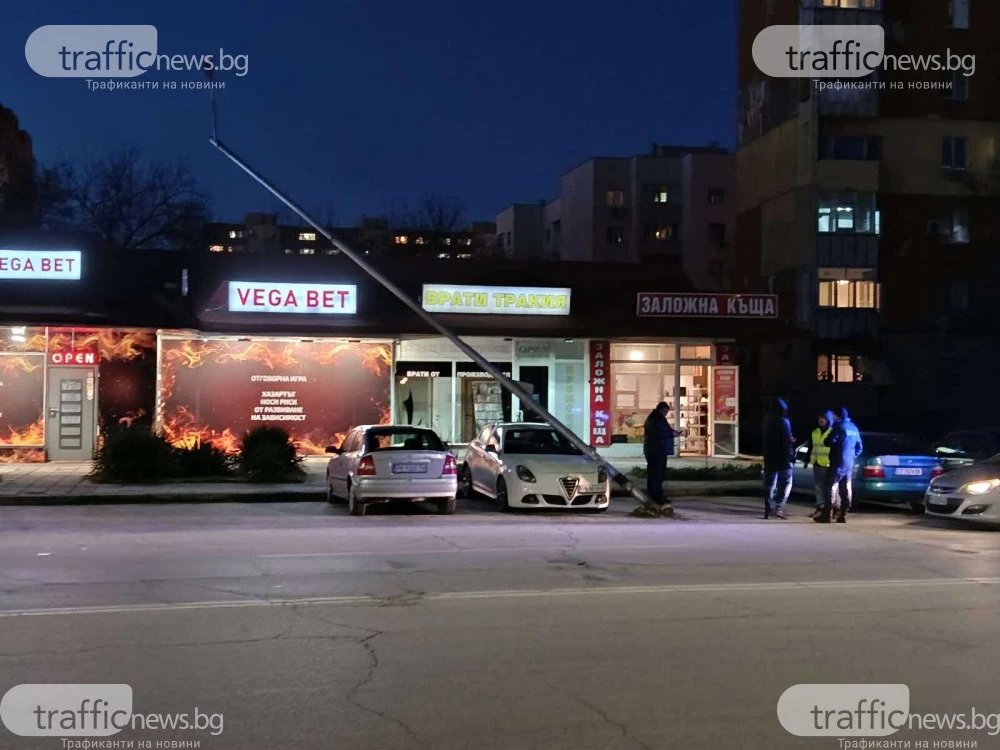 Стълб падна върху кола заради силния вятър в Пловдив